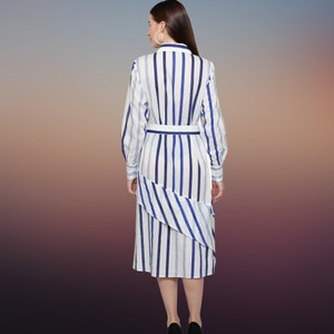 Women's stripes shirt Dress with long Sleeves, Blue Stripes dress, designer casual dress for women, Cotton dress for women in blue stripes image 3