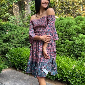 Summer dress women&#39;s Off shoulder printed pink Dress/ poly crape Floral Printed off Shoulder Dress/ Summer dress for women/beach dress