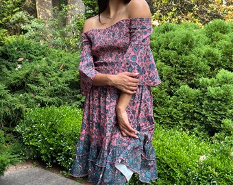 Summer dress women's Off shoulder printed pink Dress/ poly crape Floral Printed off Shoulder Dress/ Summer dress for women/beach dress