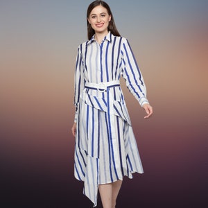 Women's stripes shirt Dress with long Sleeves, Blue Stripes dress, designer casual dress for women, Cotton dress for women in blue stripes image 5