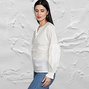 Women&#39;s Cotton White Long Sleeves Top, Round Neck Top, Long Sleeves Casual Shirt, Designer Cotton Blouse for Women, White Cotton Shirt