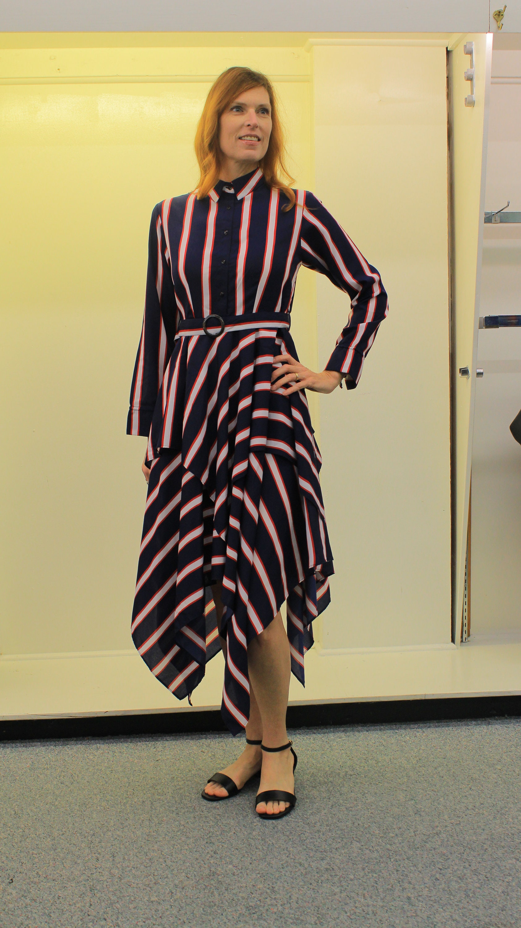 striped long sleeve shirt dress Karen Kane Mixed Colorblocked Shirtdress - Stripe