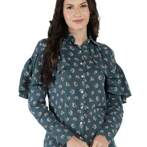 Women&#39;s Printed Cotton Long Sleeves Shirt, Designer Collared Shirt, Cotton Shirt, Green floral printed shirt/ Spring shirt for women/ floral
