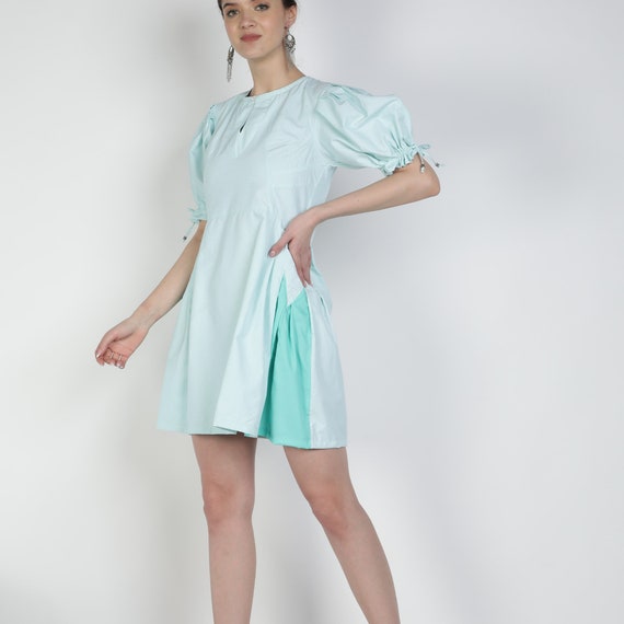 Women's A-line short Green dress with sleeves / Women's cute mini check dress / Green stylish side panels dress
