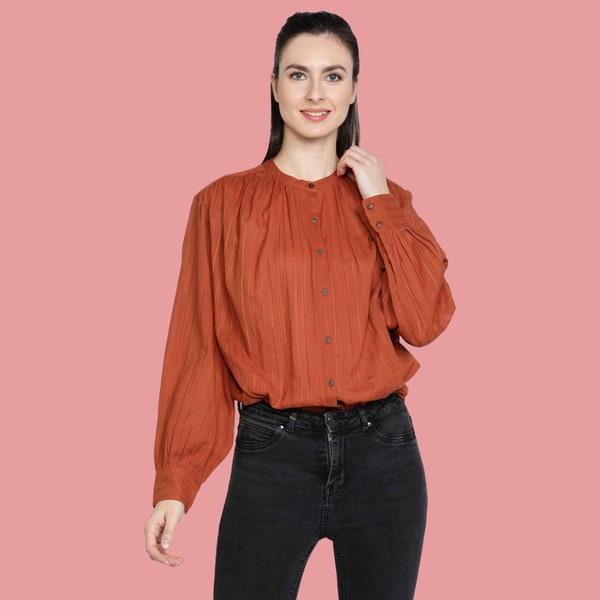 Women's Cotton Long Sleeves Shirt for Fall , Rust round Neck Women Shirt, Dobby Cotton Shirt, Loose fit with gathers.