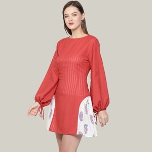 Women&#39;s Red Spring Dress with long sleeves/Mini Dress with long puff sleeves / Cotton Linen Dress/ Printed Paisley Dress/ Designer Dress