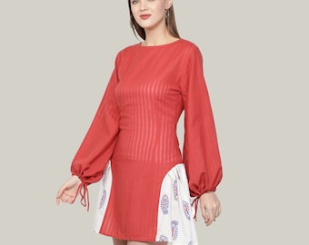 Femme Rouge printanier Robe à manches longues/Minirobe à manches longues bouffantes / Robe en coton et lin/Robe imprimée cachemire/Robe de créateur