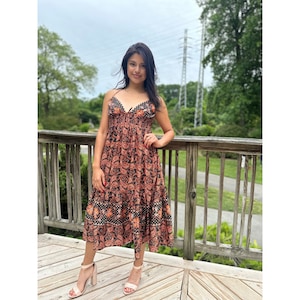 Women&#39;s Summer Orange Printed  Dress/ Backless Printed Dress / V neck Smocked dress/ Designer dress/ Halter neck dress
