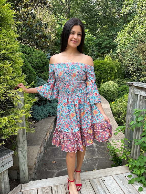 Summer Dress Women s off Shoulder Printed Blue Dress Poly Crape Floral Printed off Shoulder Dress Summer Dress for Women beach Dress Etsy Canada