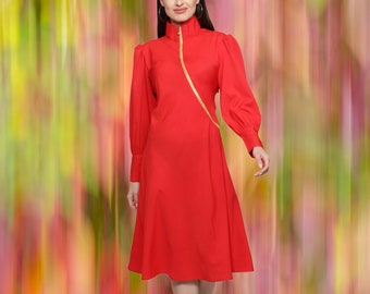 Women's Red Valentine's Dress with Long sleeves/ Band Collar Polyester shirt dress/ Below Knee Length Dress/ Designer red Dress