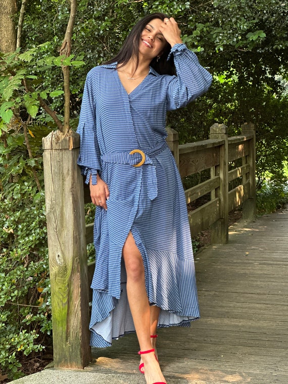 Women's Midi Blue Dress with Side Pockets/ Long Sleeves Dress / V Neck Rayon Dress/ Designer Dress/ Buttons Dress/ Shirt Dress