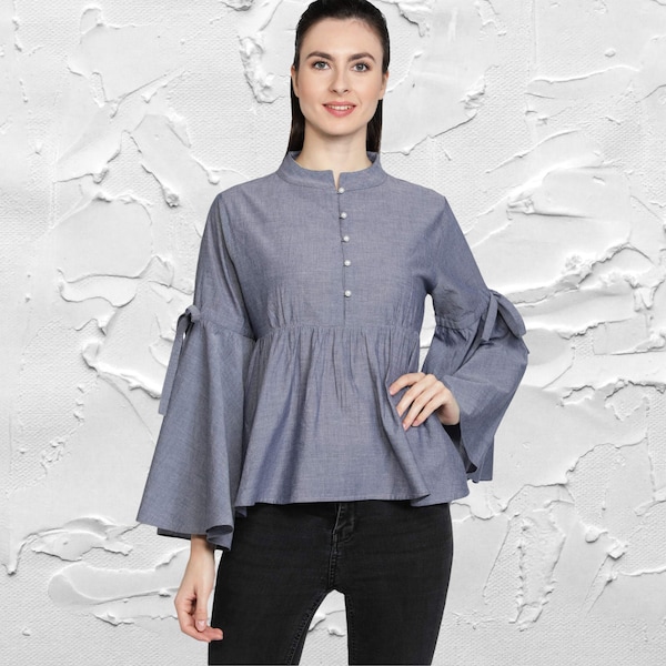 Damen Glöckchen Ärmel Top/Chambray schönes gesammeltes Top/ Band kragen Perlenknöpfe Für Frauen/Mandarin Halsbluse/Blau chambray