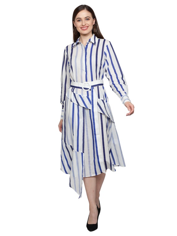 womens designer shirt dress S Blue Long Sleeve Midi Shirt Dress