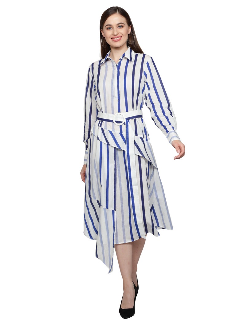 Women's stripes shirt Dress with long Sleeves, Blue Stripes dress, designer casual dress for women, Cotton dress for women in blue stripes image 1
