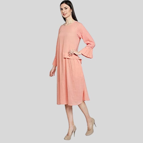 Buy Women's Dress With Bell Sleeves, Peach Long Dress, Below Knee Length  Dress, Designer Stylish Dress Online in India - Etsy