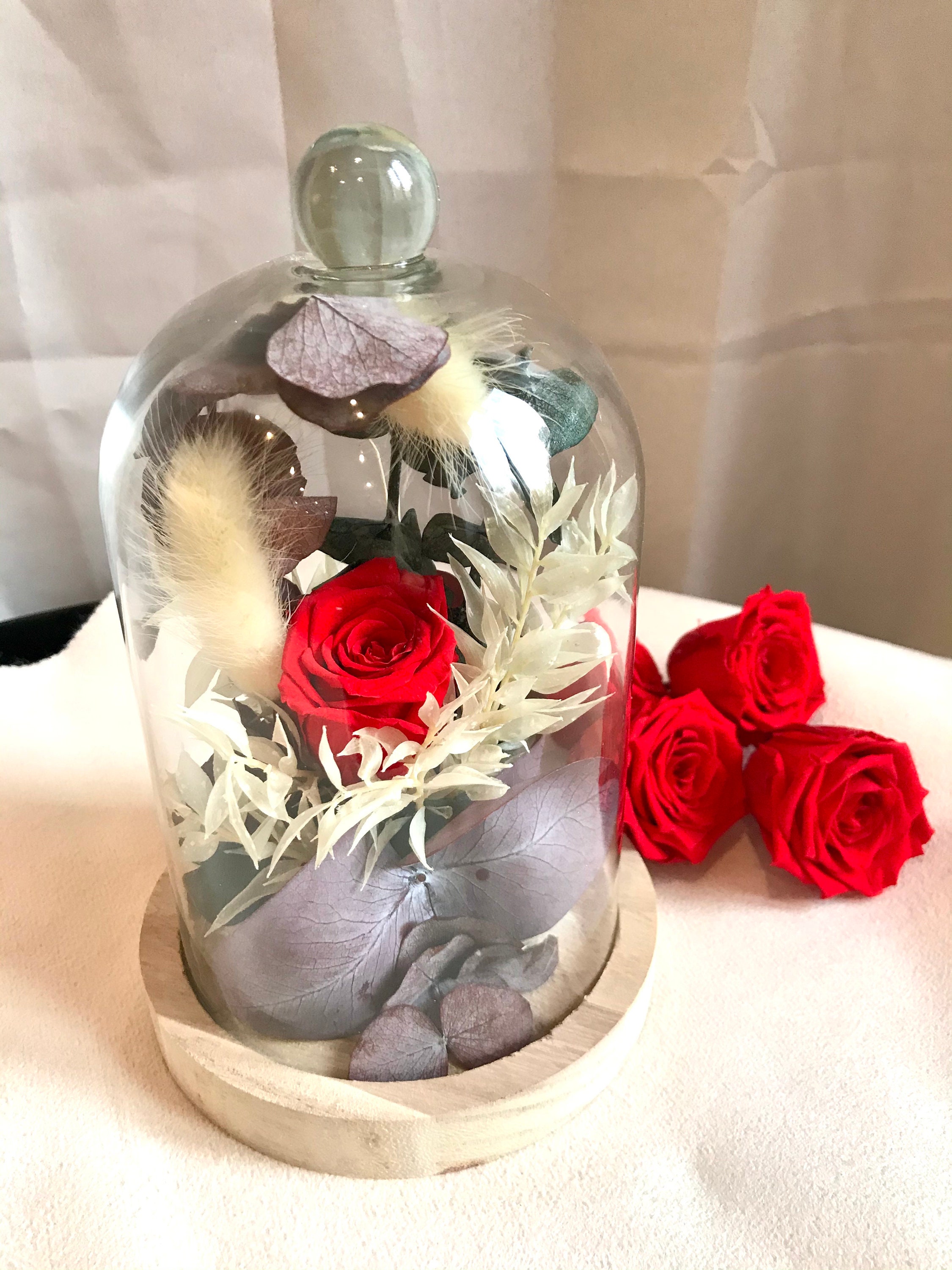 Cloche Fleurs Sechées et Rose Eternelle Romantique Pampa