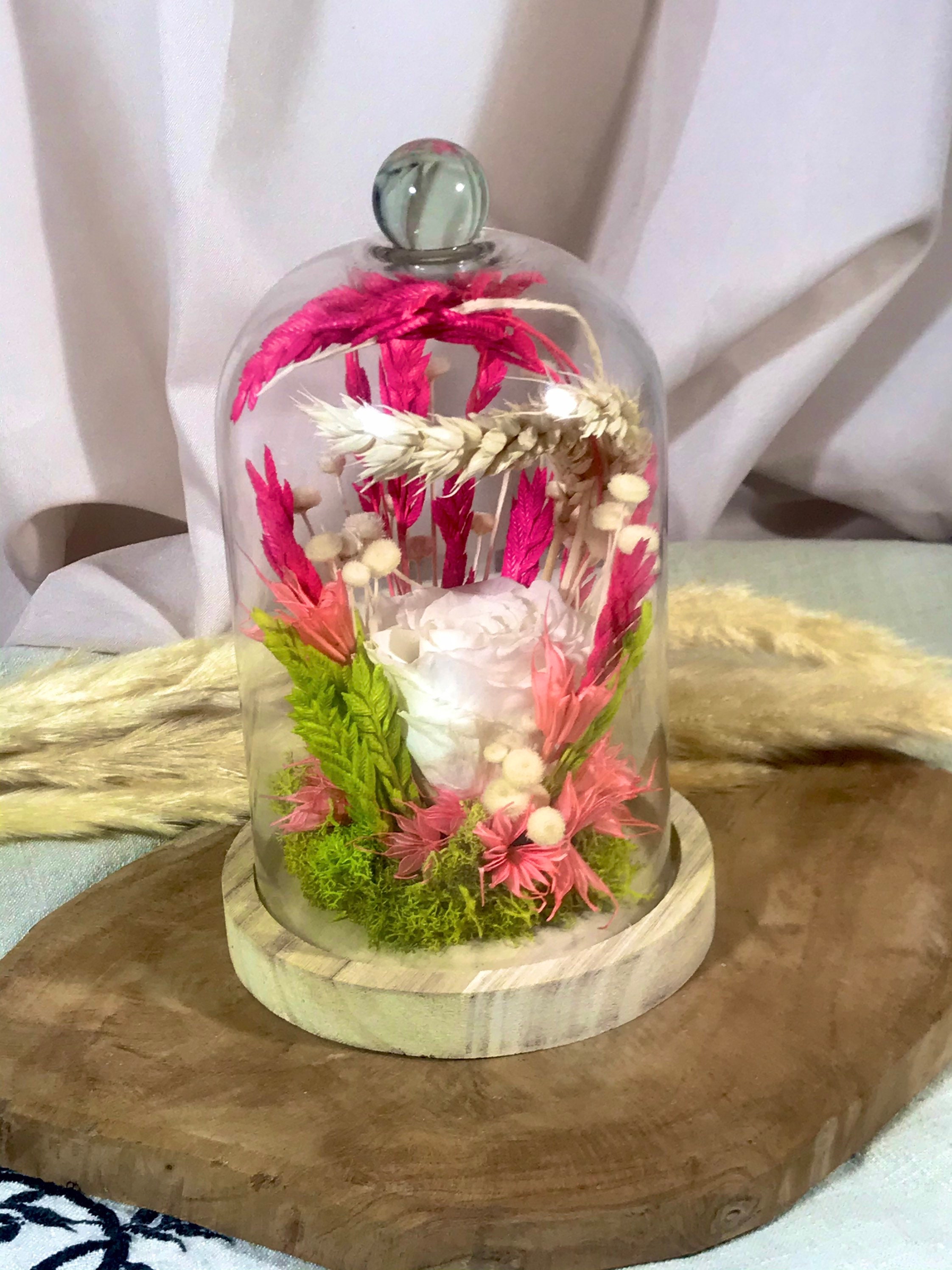 Cloche Fleurs Séchées et Rose Eternelle Sweet Pampa