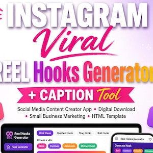 Puede incluir: Una pantalla de producto digital que muestra el Instagram Viral REEL Hooks Generator y Caption Tool. La interfaz presenta una computadora portátil y una pantalla de teléfono inteligente con elementos de interfaz coloridos y plantillas.