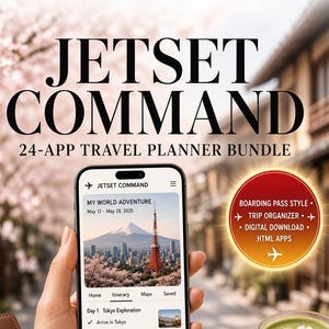 May include: A smartphone displaying the Jetset Command 24-app travel planner bundle interface, featuring a Tokyo itinerary. Includes two boarding passes, a brown leather luggage tag, a matcha latte, and text reading Jetset Command.