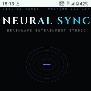May include: A mobile app interface for "NEURAL SYNC", a brainwave entrainment studio. The app features a dark theme with white and teal text. The interface includes a circular graphic and safety notices. The app is for relaxation and personal wellness.