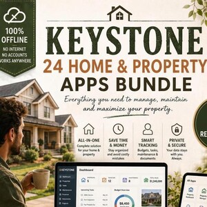 Może przedstawiać: Reklama cyfrowego pakietu Keystone 24 Home & Property Apps, przedstawiająca laptopa i tablet z interfejsami pulpitu nawigacyjnego, otoczona tekstem opisującym funkcje, prawa do odsprzedaży oraz listę zawartych w pakiecie aplikacji.