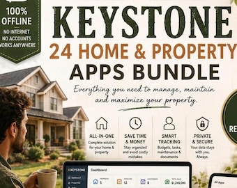 May include: A digital product advertisement for the Keystone 24 Home & Property Apps Bundle, featuring a laptop and tablet displaying dashboard interfaces, surrounded by text detailing features, resale rights, and a list of included applications.