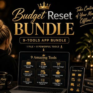 Può includere: Un pacchetto digitale Budget Reset Bundle con nove strumenti finanziari su un laptop e uno smartphone. L'interfaccia nera e oro include tracker per contanti, bollette e spesa. Il testo include 'Budget Reset Bundle', '9 Amazing Tools' e 'PLR MRR Commercial Use'.