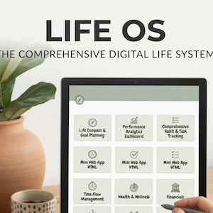 May include: A digital tablet displaying the Life OS comprehensive digital life system interface with a grid of icons and text labels including Life Compass, Goal Planning, Performance Analytics, Habit and Task Tracking, and Financials, with a gold seal.