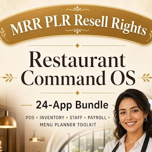 Op de afbeelding: Een digitale productadvertentie voor Restaurant Command OS 24-App Bundle met MRR PLR Resell Rights. De tekst bevat POS, Inventory, Staff, Payroll, Menu Planner Toolkit en Offline HTML Digital Download met iconen voor offline gebruik en directe toegang.