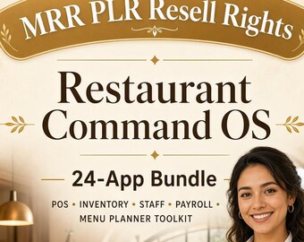 May include: A digital product advertisement for Restaurant Command OS 24-App Bundle with MRR PLR Resell Rights. The text includes POS, Inventory, Staff, Payroll, Menu Planner Toolkit, and Offline HTML Digital Download with icons for offline use and instant access.