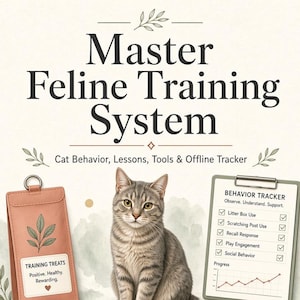 Op de afbeelding: Een kattentrainingssysteem met een grijze cyperse kat, een perzikkleurig traktatiezakje, een clicker, een gedragstracker-klembord en een spiraalgebonden notitieboek. De materialen bevatten tekst voor het bijhouden van sessies en dagelijkse voortgang.