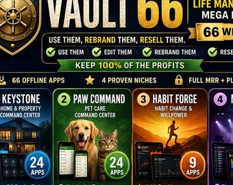 May include: A digital marketing graphic for Vault 66, a bundle of 66 web apps across four niches: Keystone home management, Paw Command pet care, Habit Forge habit tracking, and Musician's Toolkit. Includes licensing details, feature lists, and icons.
