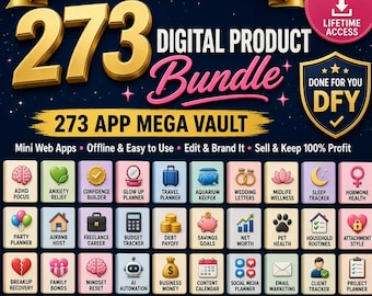 May include: A digital product bundle advertisement featuring 273 app icons in a grid. Text includes MRR PLR RESELL RIGHTS, 273 DIGITAL PRODUCT BUNDLE, 273 APP MEGA VAULT, DONE FOR YOU DFY, and ONE PURCHASE - ENDLESS POSSIBILITIES with various icons.