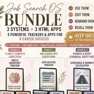 May include: A digital Job Search OS Bundle infographic featuring three systems and nine trackers. Text includes Job Search OS BUNDLE, 3 SYSTEMS x 3 HTML APPS, 9 POWERFUL TRACKERS, CLARITY COMPASS, JOB SEARCH OPS, RUNWAY & RESET, and MAKE AN IMPACT.