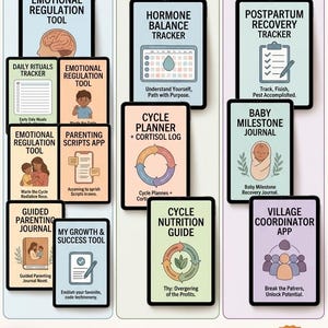 May include: A digital product bundle titled Ultimate Modern Motherhood & Wellness Bundle featuring three categories: Bundle 5, Bundle 2, and Bundle New Mom OS. It includes various HTML tools, trackers, journals, and apps for parenting, hormone balance, and recovery.