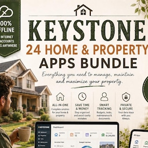 May include: A digital product bundle titled KEYSTONE 24 HOME & PROPERTY APPS BUNDLE, featuring a laptop and tablet displaying property management dashboards, icons for 24 apps, and text detailing features like offline access and instant download.