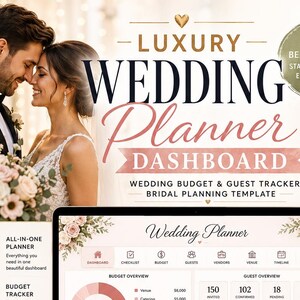 May include: A digital wedding planner dashboard template displayed on a laptop screen, featuring sections for budget overview, guest tracking, RSVP progress, and task lists. The interface includes charts, icons, and floral accents in soft pink tones.