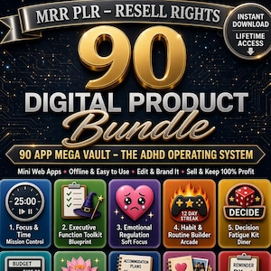 Puede incluir: Un anuncio de paquete de productos digitales titulado 90 Digital Product Bundle y 90 App Mega Vault - The ADHD Operating System. Incluye diez iconos coloridos que representan varias herramientas, como un reloj, un portapapeles y un corazón.
