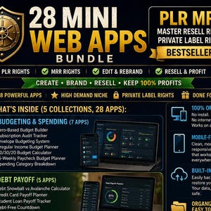 May include: A digital product bundle titled 28 Mini Web Apps Bundle featuring five financial categories including budgeting, debt payoff, savings, net worth, and financial habits. The graphic displays app lists, laptop and phone mockups, and text.