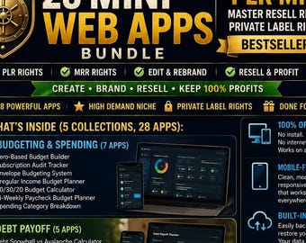 May include: A digital product bundle titled 28 Mini Web Apps Bundle featuring five financial categories including budgeting, debt payoff, savings, net worth, and financial habits. The graphic displays app lists, laptop and phone mockups, and text.