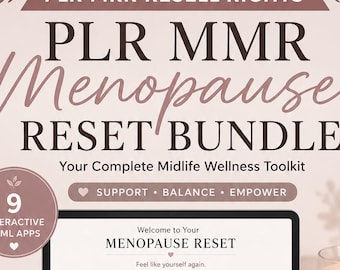 May include: A digital product bundle titled PLR MRR Menopause Reset Bundle featuring a tablet and smartphone displaying interactive health tracking apps. The interface includes icons for symptom, mood, and sleep tracking, plus nutrition and exercise guides.