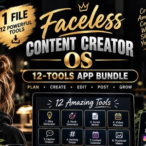May include: A digital product advertisement for a Faceless Content Creator OS 12-tools app bundle. The graphic features a laptop displaying a grid of 12 tools, a smartphone, a black notebook with gold text, and a black mug with gold trim.
