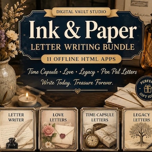 May include: A digital bundle titled Ink & Paper Letter Writing Bundle featuring 11 offline HTML apps. The graphic displays icons for Letter Writer, Love Letters, Time Capsule, Legacy, Pen Pal, Gratitude, Templates, Envelope Designer, Handwriting, Memory Journal, and Print & Save Manager.