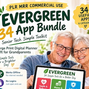 Op de afbeelding: Een digitale productadvertentie voor de Evergreen 34 App Bundle, een tech-toolkit voor senioren. De afbeelding bevat tekst, iconen en een tabletscherm met zes categorieën: Gezondheid, Financiën, Veiligheid, Familie, Dagelijks leven en Hobby's en vrije tijd.
