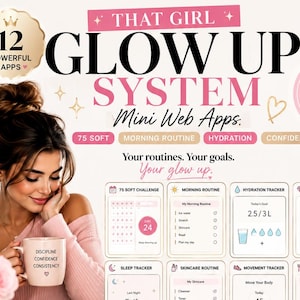 Puede incluir: Un anuncio de producto digital para el sistema That Girl Glow Up con 12 mini aplicaciones web. El diseño incluye una cuadrícula de rastreadores para rutinas matutinas, hidratación, sueño, cuidado de la piel, ejercicio, comidas, metas y hábitos.