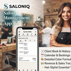 Może przedstawiać: Smartfon z interfejsem aplikacji do zarządzania salonem SALONIQ, zawierający harmonogram dzienny, książkę klientów, kalendarz i moduł śledzenia przychodów. Na ekranie widoczny jest tekst Client Book & History, Calendar & Bookings, Detailed Color Formulas, Revenue & Sales Tracker oraz Hair Stylist Essential Tool.