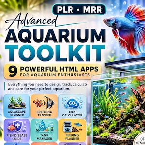 May include: An Advanced Aquarium Toolkit digital product display featuring nine HTML app icons, including Aquascape Designer and Fish Disease Guide. The graphic shows a vibrant betta fish, a planted aquarium, and mobile devices displaying app interfaces.