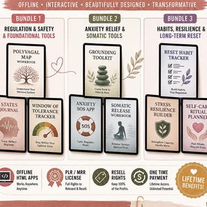 Könnte beinhalten: Ein digitales Nervous System Reset Bundle mit 3 Paketen und 3 HTML-Tools, einschließlich 9 somatischer Therapie-Apps und Angstlinderungstools. Die Grafik zeigt drei Bündel mit verschiedenen Arbeitsbüchern und Trackern sowie Lizenzinformationen.