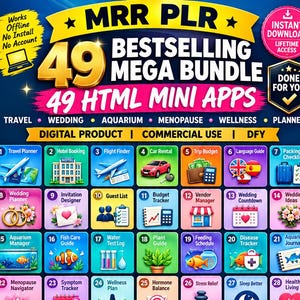 MRR PLR 49 Bestselling Mega Bundle 49 HTML mini Apps Travel Wedding Aquarium Menopause Wellness Planner Digital Product Commercial Use Dfy