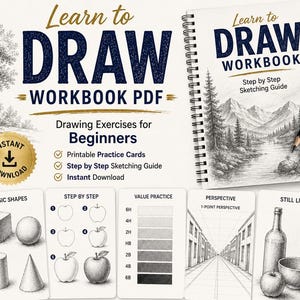 May include: A Learn to Draw Workbook PDF with a spiral-bound sketching guide featuring mountain landscapes. Includes printable practice cards for basic shapes, step-by-step apple drawings, value scales, perspective, and still life, plus two pencils.